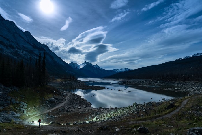 Night scape with moonlight at medicine lake